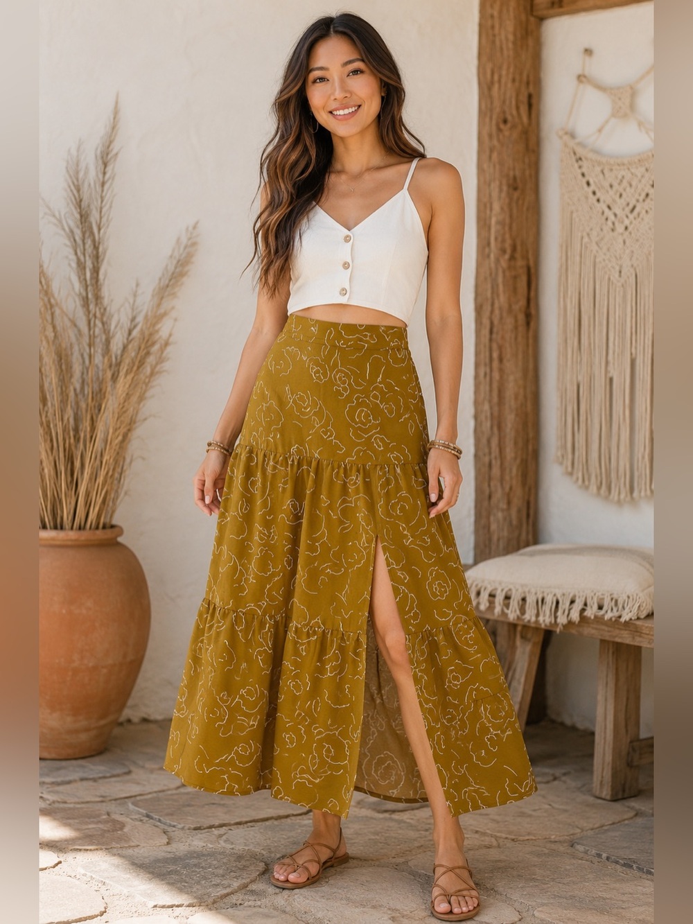 Nine West Olive Abstract Floral Flowy Tiered Maxi Skirt Boho Cottagecore